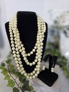 Long 90' Ivory Glass Pearl Necklace And Earrings Set